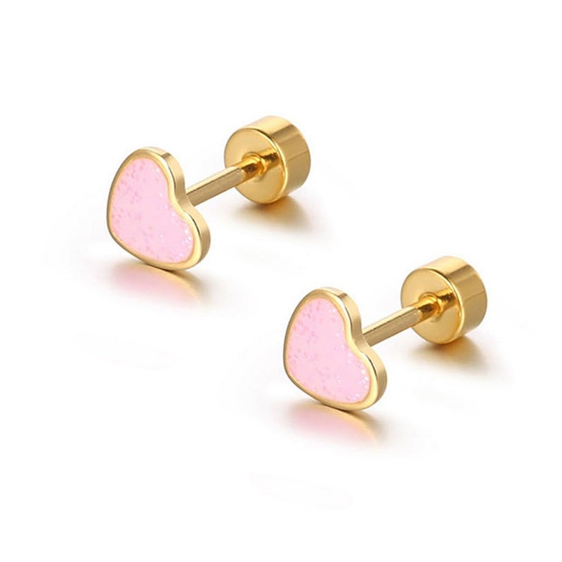 Dtja 18g Titanium Heart Love Earrings for Women Girls Stainless Steel 14k Gold Plated Hypoallergenic Cute Tiny Sequins Stud Cartilage Tragus Screw Back Post Piercing Sensitive Ear (Pink) - Image 1