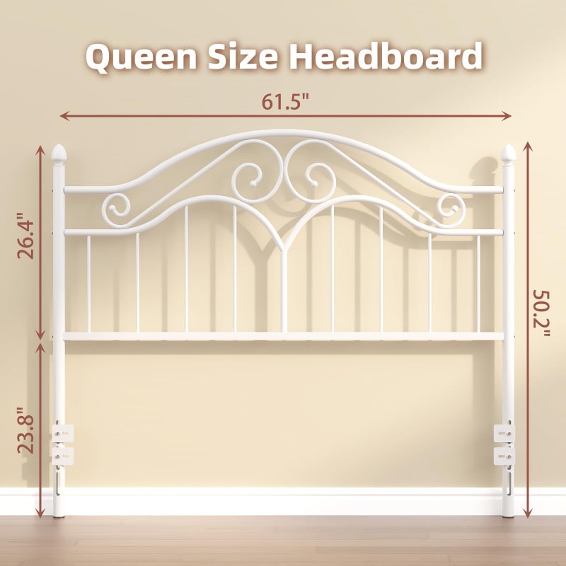 Elephance Headboard for Queen Size Bed Frame, Vintage Platform Bed Metal Headboard Only, Height Adjustable, Sturdy and Stable, Queen Size, Easy Assembly,White - Image 3