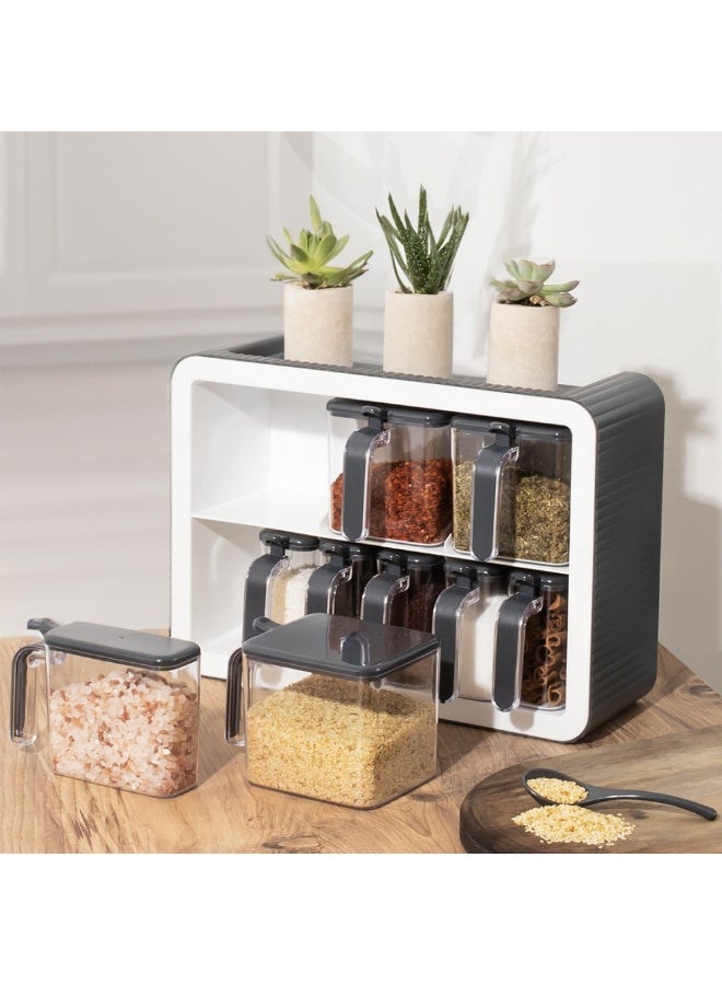 VIOLET 9 Piece Pull Out Spice Jar Set with Spoon, Lid, Food Storage Holder for Home Kitchen Tea, Sugar, Salt Wall Mounted Organizer with Super Strong Adhesive, Kitchen Spice Rack Organizer 300ml Jar Capacity - Image 1