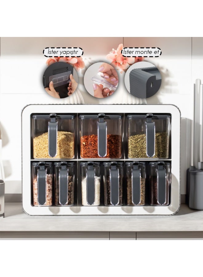 VIOLET 9 Piece Pull Out Spice Jar Set with Spoon, Lid, Food Storage Holder for Home Kitchen Tea, Sugar, Salt Wall Mounted Organizer with Super Strong Adhesive, Kitchen Spice Rack Organizer 300ml Jar Capacity - Image 5