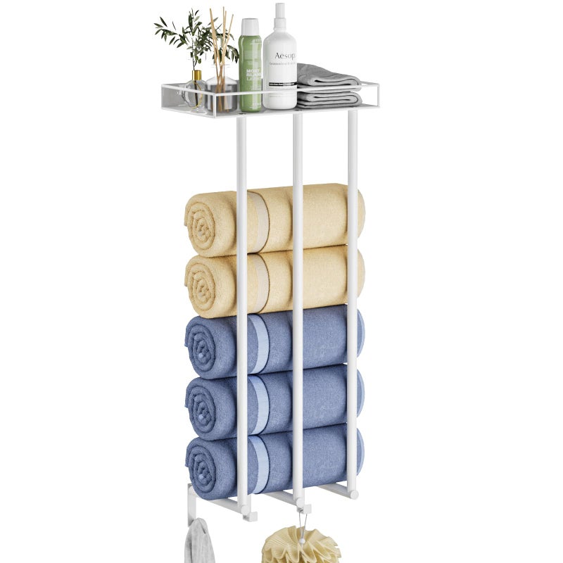 Ovicar Towel Racks for Bathroom  Wall Mounted Rolled Towels Storage with Metal Shelf  3 Hooks3 Bars Wall Towel Holder for Small Bathroom Bath Towel Organizer White