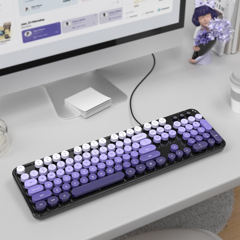 KNOWSQT Wired Computer Keyboard - Blackpurple Colorful Retro Full Size Round Keycaps Plug and Play Typewriter Cute Keyboards for Windows, Laptop, PC, Desktop, Computer - Image 5