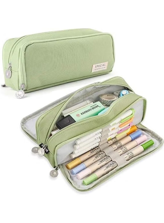 Large Pencil Case, 3 Compartments Pencil Pouch, Big Capacity Pencil Bag for Kids, Teen Girls Boys Student, School Supplies Oxford Organizer Pen Bag Cosmetic, Makeup Pouch (Green) - Image 1
