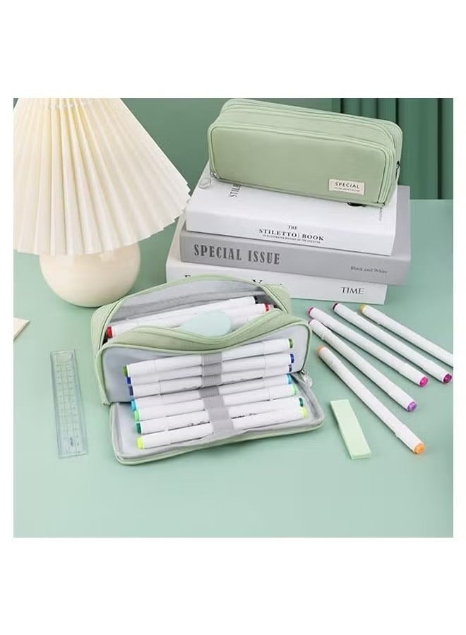 Large Pencil Case, 3 Compartments Pencil Pouch, Big Capacity Pencil Bag for Kids, Teen Girls Boys Student, School Supplies Oxford Organizer Pen Bag Cosmetic, Makeup Pouch (Green) - Image 2
