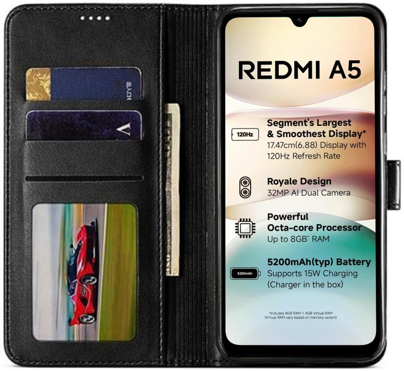 SHINESTAR Poco C71 / Redmi A5 Flip Back Cover | PU Leather Flip Cover Wallet Case with TPU Silicone Case Back Cover for Poco C71 / Redmi A5 - Classy Black - Image 3