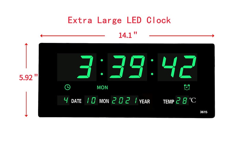 LOTCAIN 14.1 Inch Oversized LED Digital Wall Clock with Indoor Temperature, Seconds, Date, Day, Memory Function Adapter Included, Wall Decorative for Living Room, Office, Conference Room, Bedroom，Green - Image 2