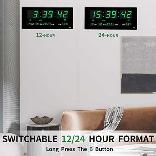 LOTCAIN 14.1 Inch Oversized LED Digital Wall Clock with Indoor Temperature, Seconds, Date, Day, Memory Function Adapter Included, Wall Decorative for Living Room, Office, Conference Room, Bedroom，Green - Image 5