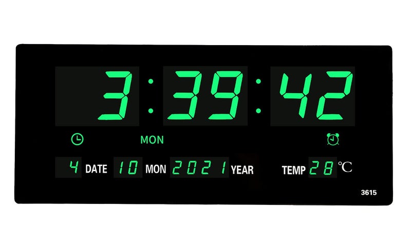 LOTCAIN 14.1 Inch Oversized LED Digital Wall Clock with Indoor Temperature, Seconds, Date, Day, Memory Function Adapter Included, Wall Decorative for Living Room, Office, Conference Room, Bedroom，Green - Image 1