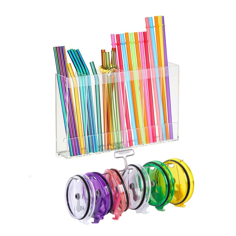 wuher 10''Acrylic Straw Holder for Cabinet Door with Tumbler Lid Organizer,Large Straw Storage with Washable Sticky Reusable Cup Lid Holder,Water Bottle Lid Organizer for Kitchen Small Accessories (Clear) - Image 1