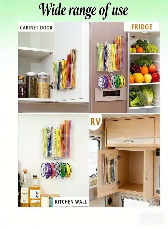 wuher 10''Acrylic Straw Holder for Cabinet Door with Tumbler Lid Organizer,Large Straw Storage with Washable Sticky Reusable Cup Lid Holder,Water Bottle Lid Organizer for Kitchen Small Accessories (Clear) - Image 4