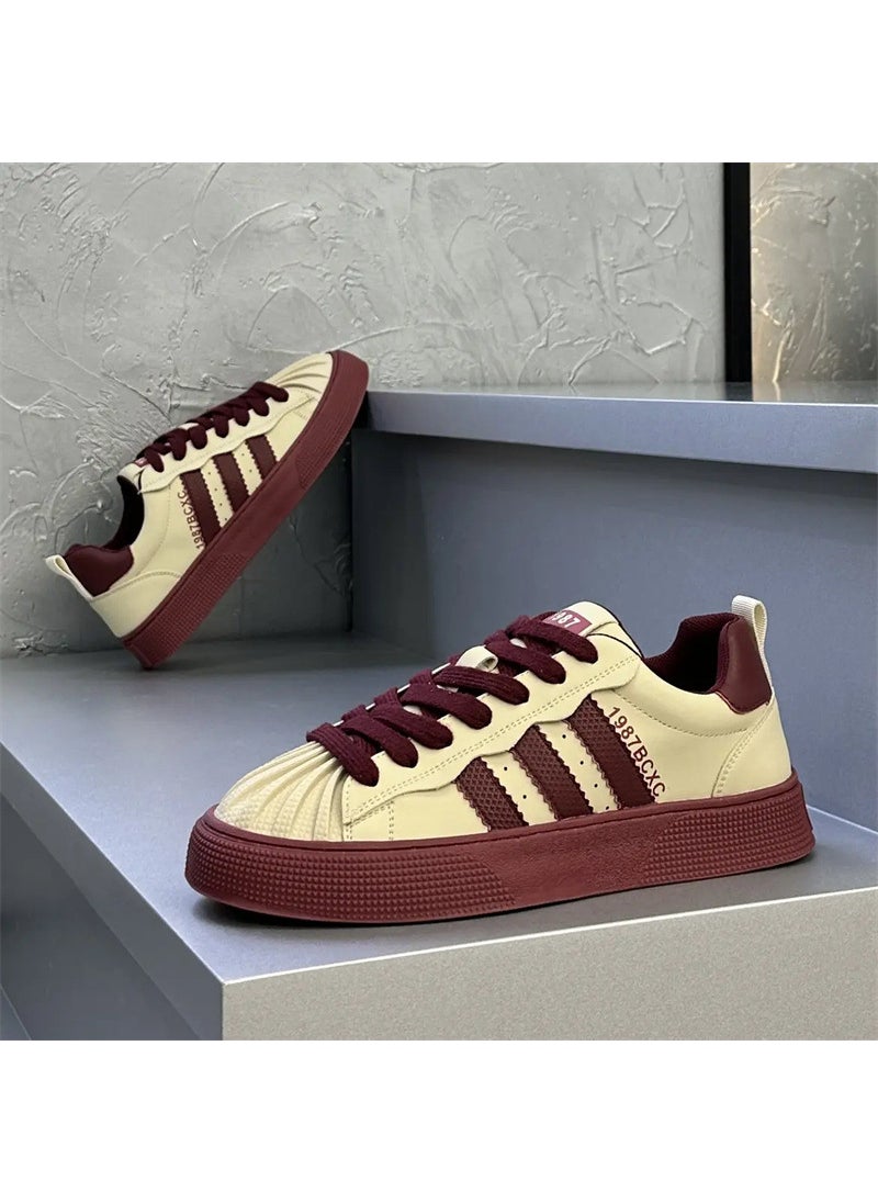 Generic - Autumn/Winter New Mens Board Shoes Three-Row Shell Head Fashionable Versatile Sport Casual Shoes Low Top Comfortable Wear-Resis Red - Image 1