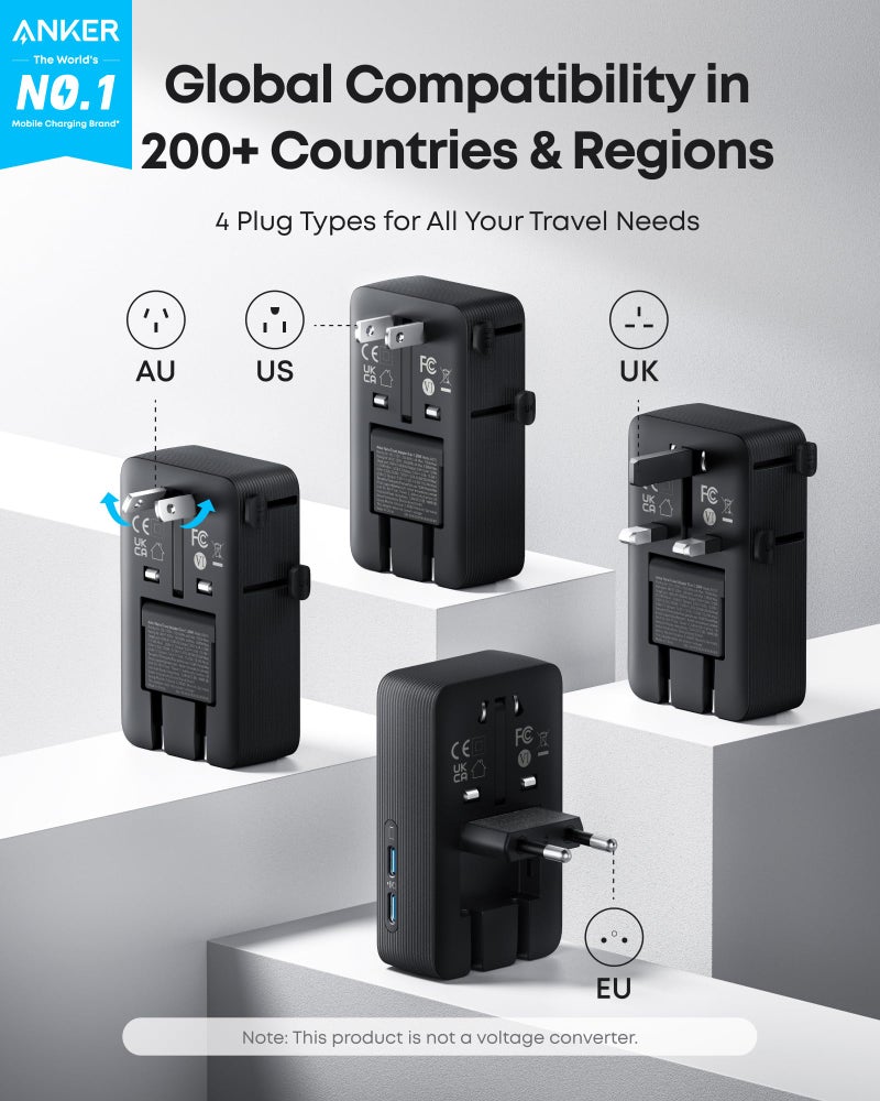 Anker Nano Travel Adapter, 5-Port Power Adapter with 1Ã— 2-Pin AC, 2 USB A, 2 USB C for 20W, Smart Temperature Control, Works in 200+ Countries, Not a Voltage Converter, Travel Essentials (1-Pack) - Image 2