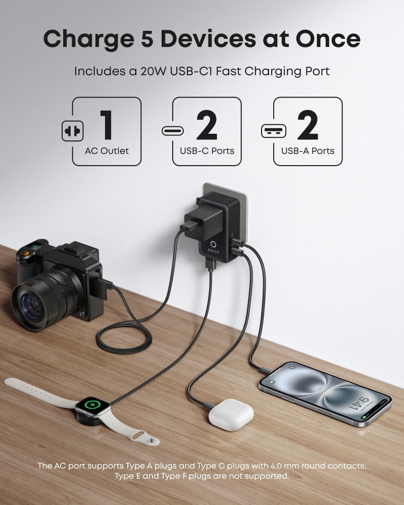 Anker Nano Travel Adapter, 5-Port Power Adapter with 1Ã— 2-Pin AC, 2 USB A, 2 USB C for 20W, Smart Temperature Control, Works in 200+ Countries, Not a Voltage Converter, Travel Essentials (1-Pack) - Image 3