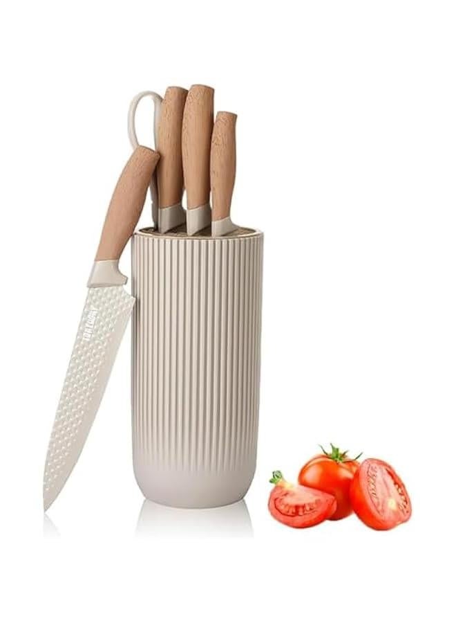 HOOKOR Kitchen Knife Set, 6-Pieces Khaki Sharp Knife Set for Kitchen, Non-stick Non-slip Stainless Steel Chef Knife Set with Universal Knife Block Suitable for Home Restaurant - Image 1