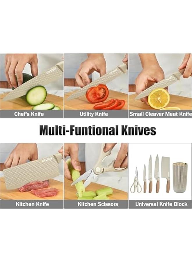 HOOKOR Kitchen Knife Set, 6-Pieces Khaki Sharp Knife Set for Kitchen, Non-stick Non-slip Stainless Steel Chef Knife Set with Universal Knife Block Suitable for Home Restaurant - Image 4