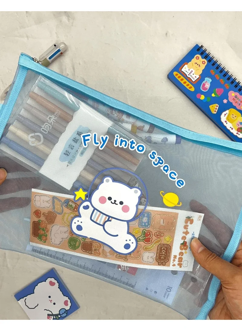 Kağıt Gemi Dükkan Paper Ship Shop Fly Into Space Blue Transparent Mesh Bag / Pencil Case / Collector