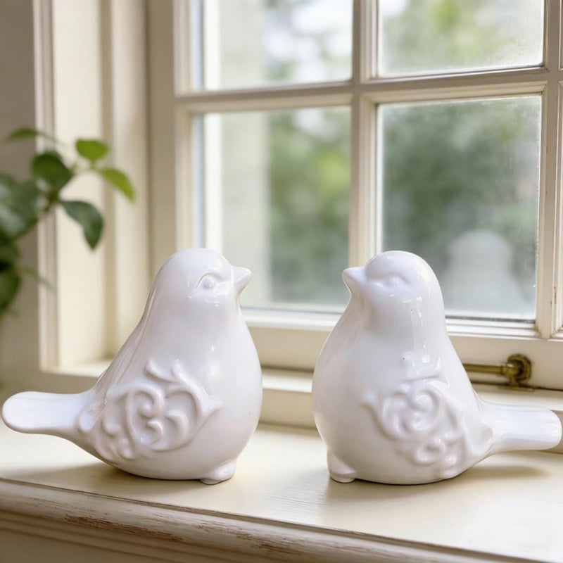 Gishima 2PCS Ceramic Bird Figurines Decorative Bird Ornaments Statue for Home Garden Decor (White) - Image 1