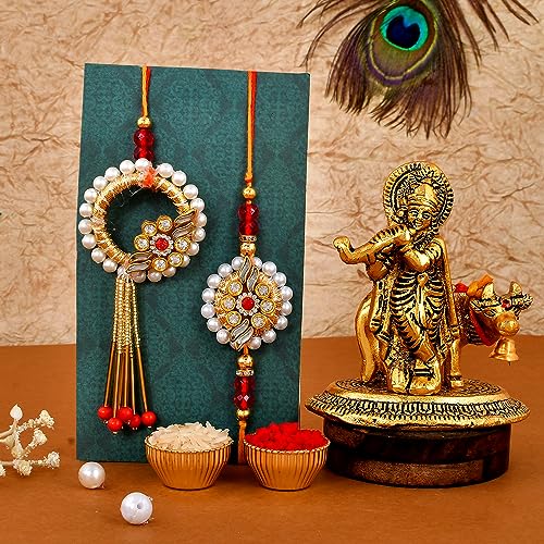CraftVatika Rakhi Gift Combo for Brother Bhaiya and Bhabhi | Bhai Bhabhi Couple Rakhis Set of 2 | Rakhi with Premium Krishna Idol Gift for Brother | Kundan Lumba rakhis for Bhai Kids Women Girls - Image 1