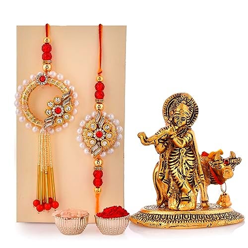 CraftVatika Rakhi Gift Combo for Brother Bhaiya and Bhabhi | Bhai Bhabhi Couple Rakhis Set of 2 | Rakhi with Premium Krishna Idol Gift for Brother | Kundan Lumba rakhis for Bhai Kids Women Girls - Image 2