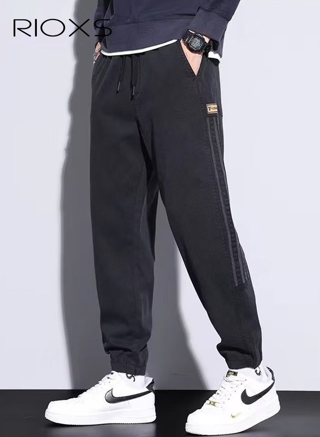 RIOXS Men's Cargo Pants, Loose Fit Casual Jogger Pants with Pockets, Lightweight Breathable Cuffed Athletic Pants, Drawstring Elastic Waist Tapered Sweatpants with 4 Pockets, Stretch Wide Leg Loose Jogger Gym Trousers, Suitable for Everyday Wear, Outdoor Travel Activities, Shopping, Clubbing, Parties and More, Black - Image 1