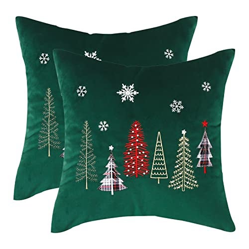 Tosleo Christmas Pillow Covers 18x18 Set of 2 Xmas Trees with Snowflake Embroidery Throw Pillow Covers Christmas Dec Velvet Pillowcases Forest Green Cushion Pillow Cases Soft Square Holiday Pillowcase - Image 1
