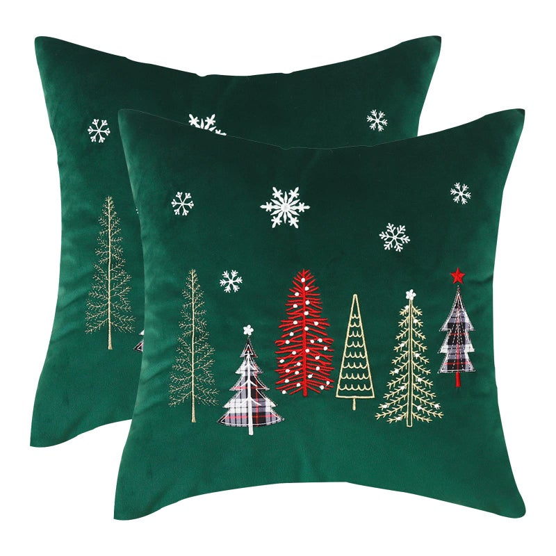 Tosleo Christmas Pillow Covers 18x18 Set of 2 Xmas Trees with Snowflake Embroidery Throw Pillow Covers Christmas Dec Velvet Pillowcases Forest Green Cushion Pillow Cases Soft Square Holiday Pillowcase - Image 2