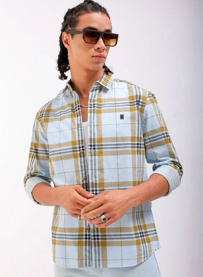 شركة المرآب الهندية قميص رجالي كاروهات بقصة عادية وأكمام طويلة وياقة قاطعة