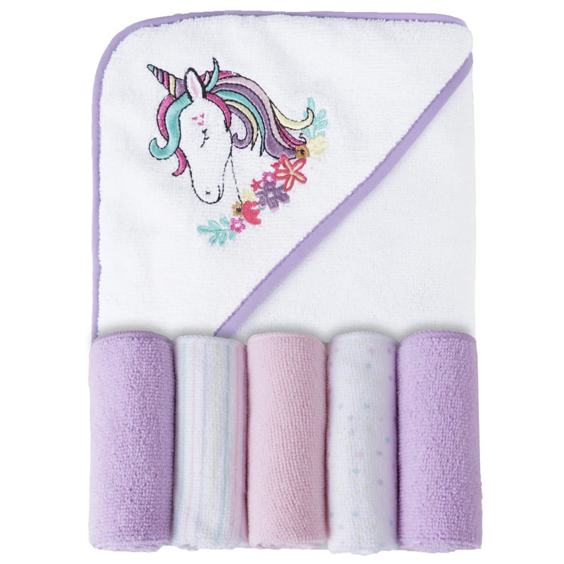 Viviland Baby Towels and Washcloths, Soft Absorbent Purple Baby Bath Towel Set, Unicorn Hooded Towels with 5 Infant Face Washcloths (6 Pieces) - Image 1