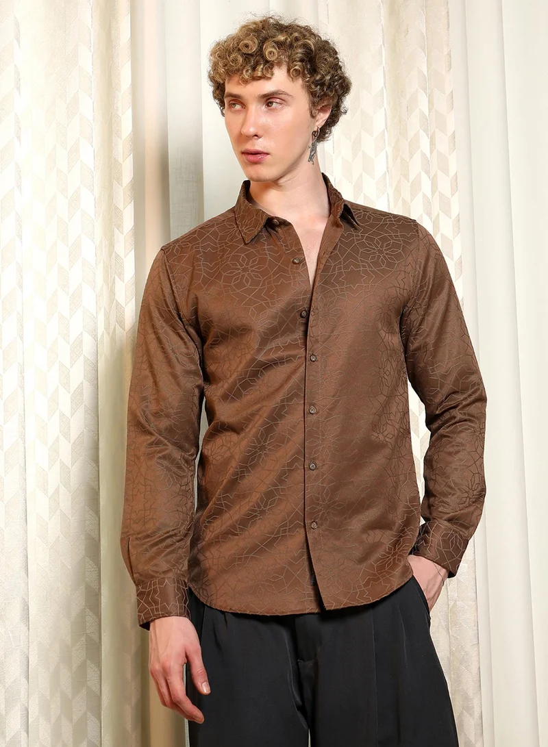 Campus Sutra Men's Brown Jacquard Full Sleeve Tailored Fit Shirt