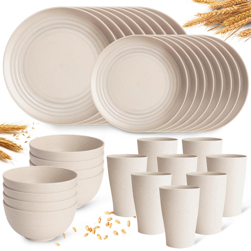 Gudvilla Cream Plastic Plates and Bowls Sets Dishwasher and Microwave Safe Wheat Straw Dinnerware Sets for 8,Reusable Plastic Dishes Set Lightweight Unbreakable for Kitchen Camping Outdoor RV 32 Pcs - Image 1