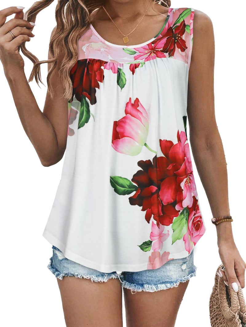 CHICGAL Womens Tank Tops Summer Sleeveless Blouse Crewneck Casual Loose Fit Tunic Shirt(White Red Flower, XL) - Image 1