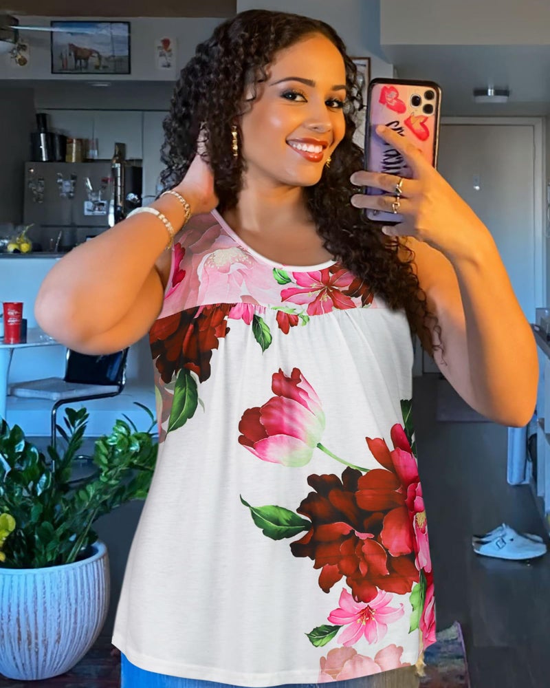 CHICGAL Womens Tank Tops Summer Sleeveless Blouse Crewneck Casual Loose Fit Tunic Shirt(White Red Flower, XL) - Image 2