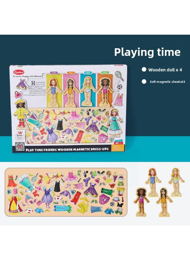 Cute Magnetic Girl Changing Clothes 63PCs Dressing Educational Toys Play House Wooden Puzzle Two Options-Color:Play Time Wooden Magnetic Change - Image 1