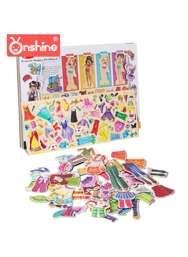 Cute Magnetic Girl Changing Clothes 63PCs Dressing Educational Toys Play House Wooden Puzzle Two Options-Color:Play Time Wooden Magnetic Change - Image 2