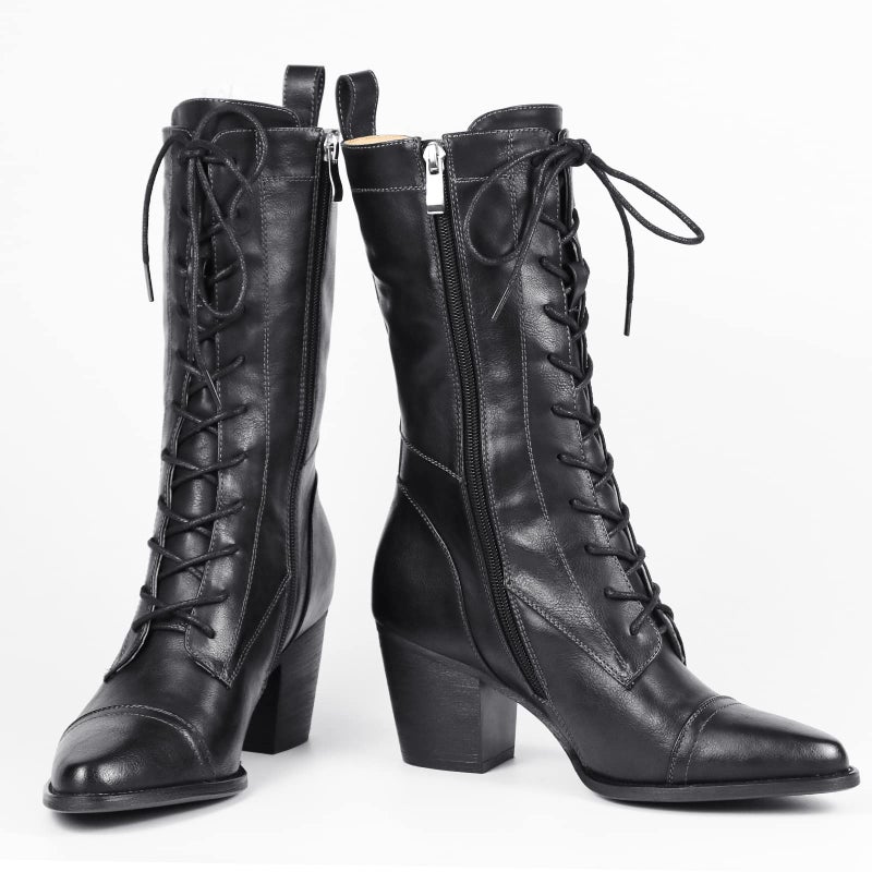 UTIKLIOU Lace-Up Mid Calf Boots for Women Leather Combat Boots Mid Heel Faux Fur Lining (Black size 7) - Image 4