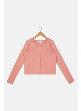 Kids Girl Ribbed Long Sleeves Cardigan, Blush Pink