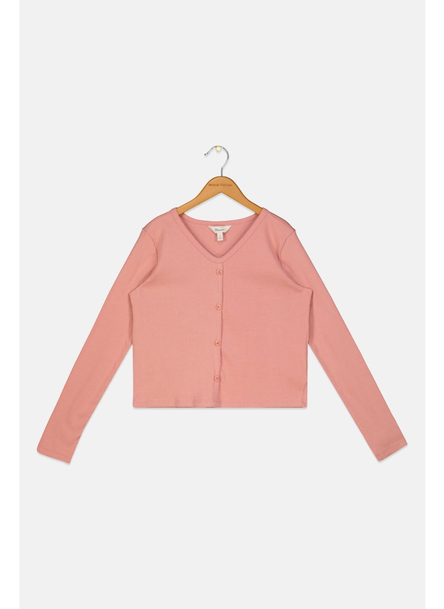 The Commons Kids Girl Ribbed Long Sleeves Cardigan, Blush Pink  - Image 1