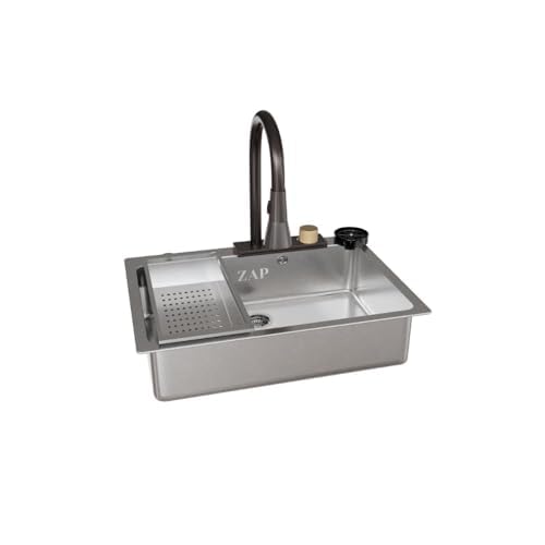 ZAP Waterfall 304 Stainless Steel Kitchen Sink Set with PullOut Faucet Chopping Board Glass Rinser Soap Dispenser Strainer MultiFunctional Farmhouse Sink Accessories 24x18 Chrome - Image 1