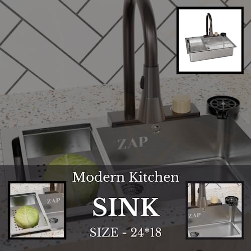 ZAP Waterfall 304 Stainless Steel Kitchen Sink Set with PullOut Faucet Chopping Board Glass Rinser Soap Dispenser Strainer MultiFunctional Farmhouse Sink Accessories 24x18 Chrome - Image 2
