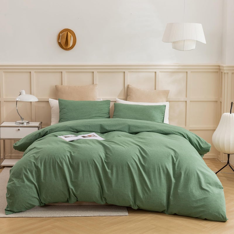 ECOCOTT Sage Green Duvet Cover Queen Size 3 Piece 100 Washed Cotton 1 Duvet Cover with Zipper and 2 Pillowcases Ultra Soft and Easy Care Breathable Cozy Bedding SetSage Green Queen