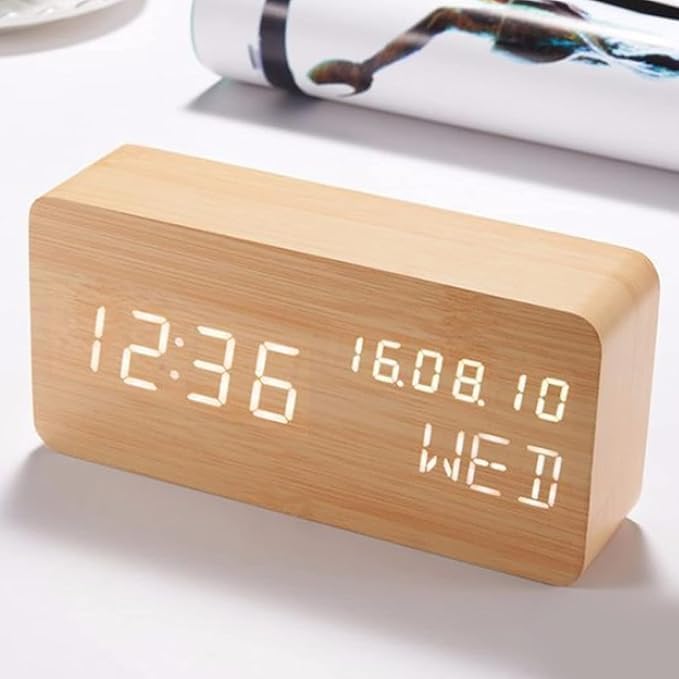 SCOPENDE Scopende Wooden Finish Premium Look Loud Alarm Clock Alarm Clock LED Digital WoodenPowered Table Watch with Temperature Humidity Voice Control Snooze Electronic Desk Clocks  - Image 3