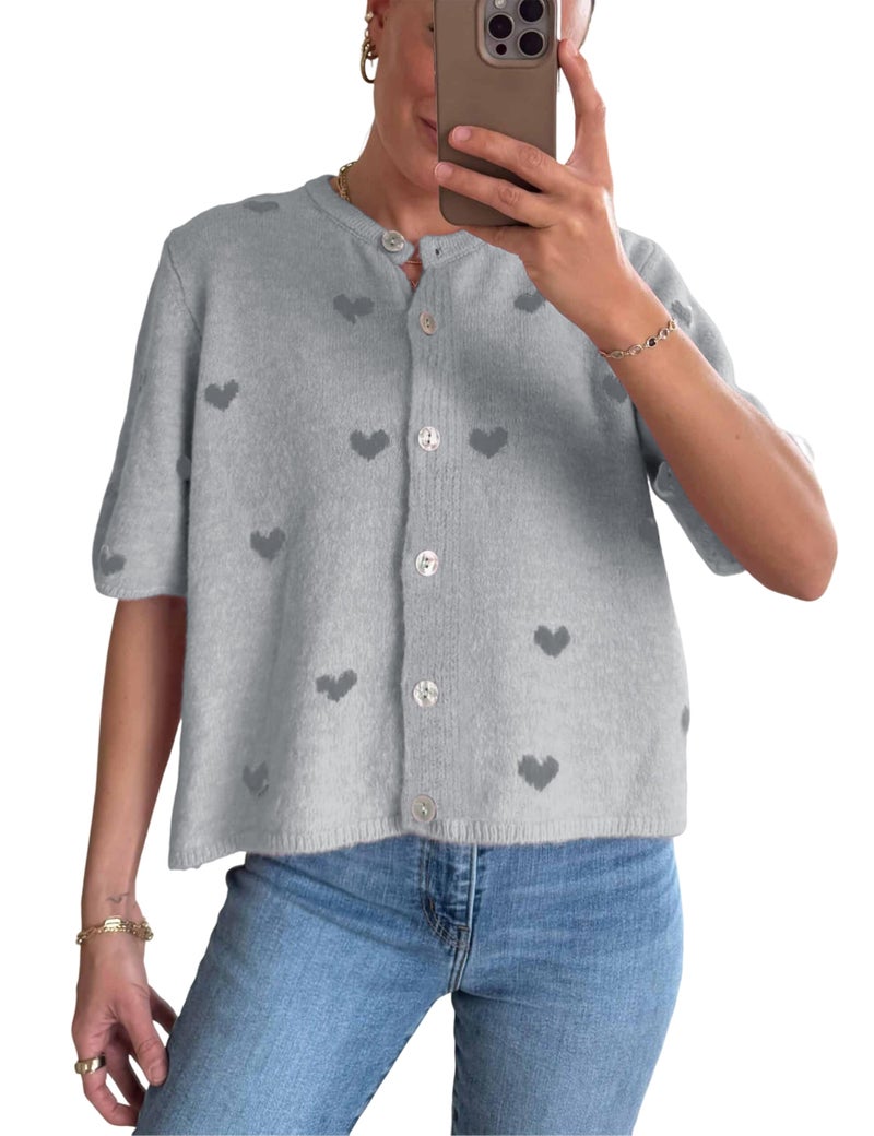 Springrain Womens Lightweight Short Sleeve Cardigan Button down Cropped Cute Heart Sweaters Knitwear(Grey-S) - Image 1