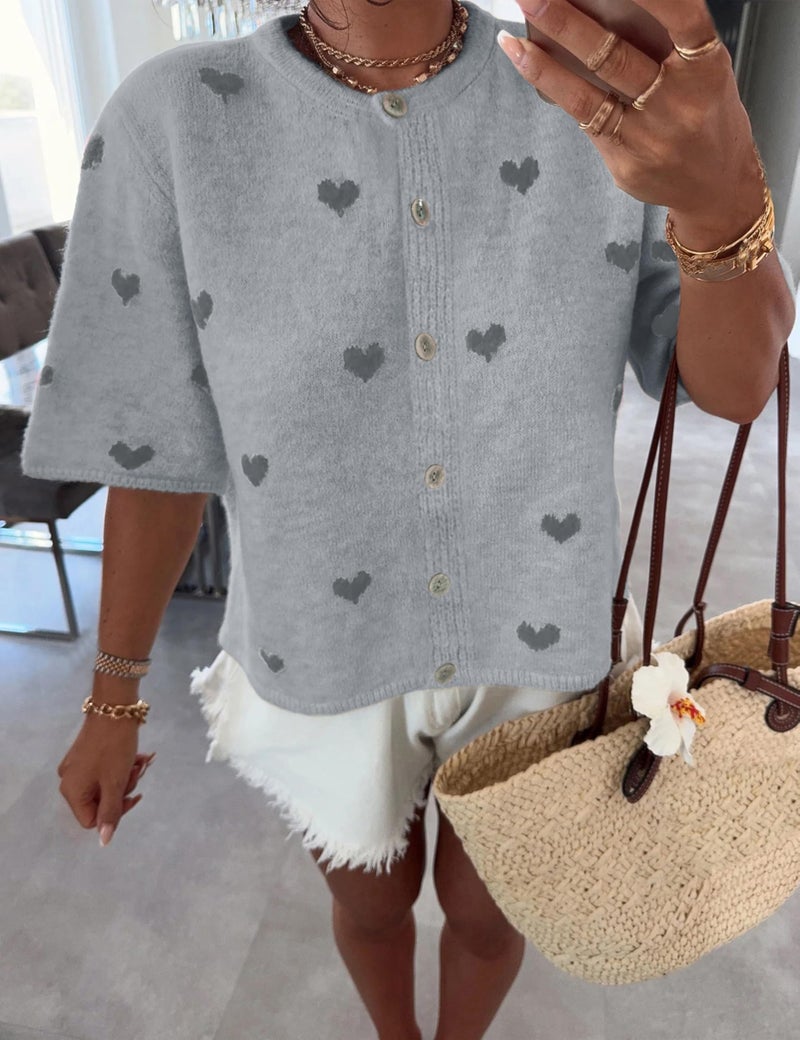 Springrain Womens Lightweight Short Sleeve Cardigan Button down Cropped Cute Heart Sweaters Knitwear(Grey-S) - Image 4