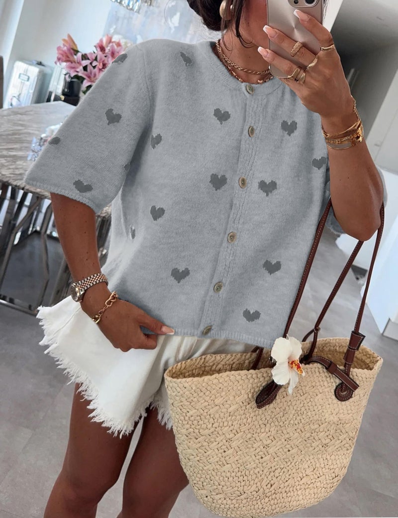 Springrain Womens Lightweight Short Sleeve Cardigan Button down Cropped Cute Heart Sweaters Knitwear(Grey-S) - Image 3