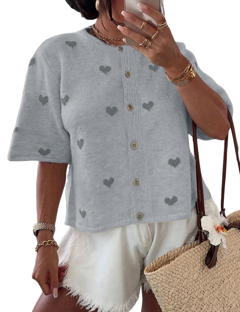 Springrain Womens Lightweight Short Sleeve Cardigan Button down Cropped Cute Heart Sweaters Knitwear(Grey-S) - Image 2