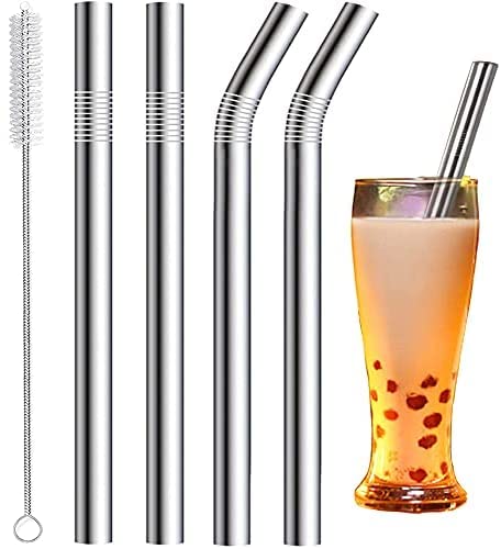 Vinaco Reusable Smoothie Straw  Milkshake straws 05 Extra Wide Stainless Steel Straw 105  85 Long Straw 4 Pack Metal Straw with 1 Reusable Straw Brush Cleaner for Milkshake Smoothie