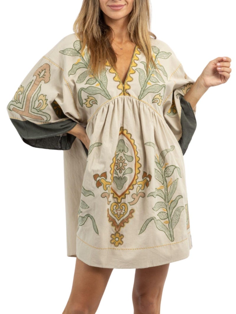 Joiemont Womens Oversized Embroidered Dress with V-Neck and 3/4 Sleeves Vintage Embroidery Babydoll Dress(0603-Olive-M) - Image 1