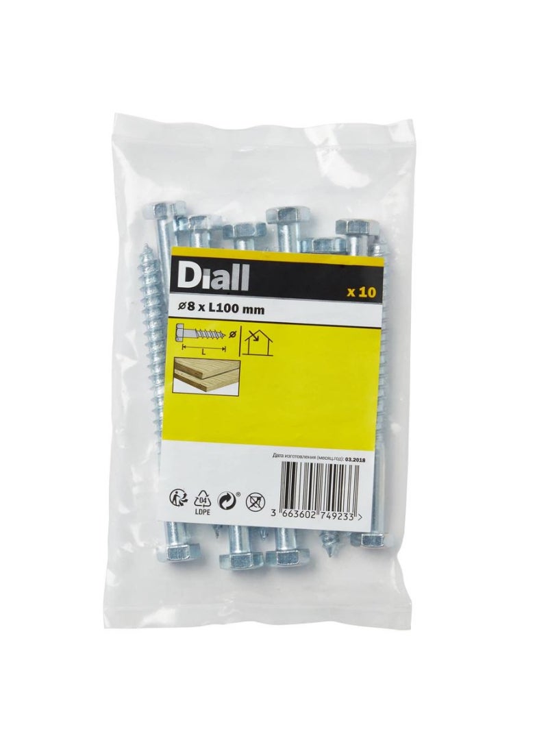 Dial Zinc Plated Carbon Steel Hex Coach Screw Pack 8 X 100 Mm 10 Pc