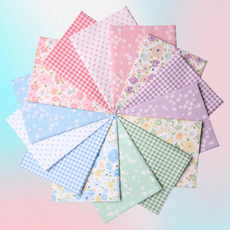 Hanjunzhao 14 Pcs Pink Green Blue Purple Floral Dots Plaid Print Cotton Fabric Fat Quarters Bundles 18 x 22 Inch Sewing Fabrics for Quilting Chrismas Holiday Party Decor DIY Crafts, Sweet Garden - Image 2