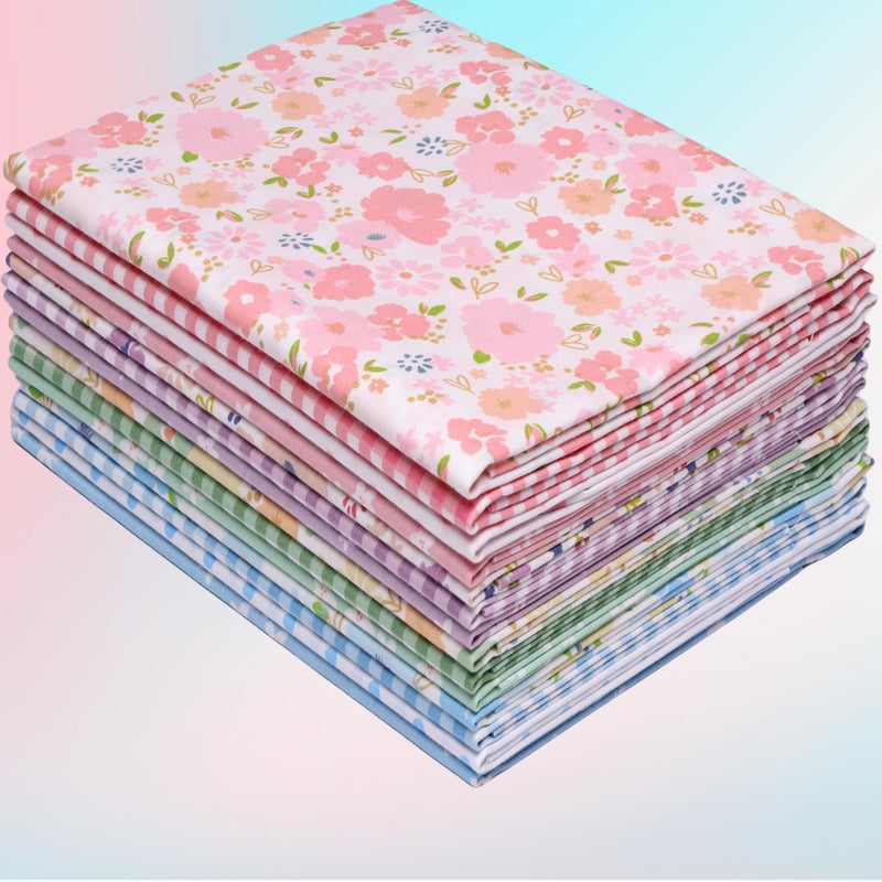 Hanjunzhao 14 Pcs Pink Green Blue Purple Floral Dots Plaid Print Cotton Fabric Fat Quarters Bundles 18 x 22 Inch Sewing Fabrics for Quilting Chrismas Holiday Party Decor DIY Crafts, Sweet Garden - Image 1